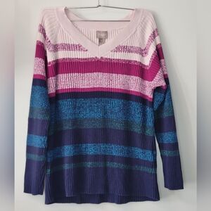 Chico's Striped Pink Blue Green Long Sleeve V-Neck Sweater Top Sz. 1 M/L